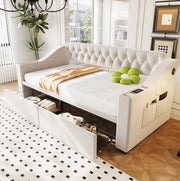 Divano letto imbottito 90x190 cm in velluto beige con cassetti contenitore e porte USB
