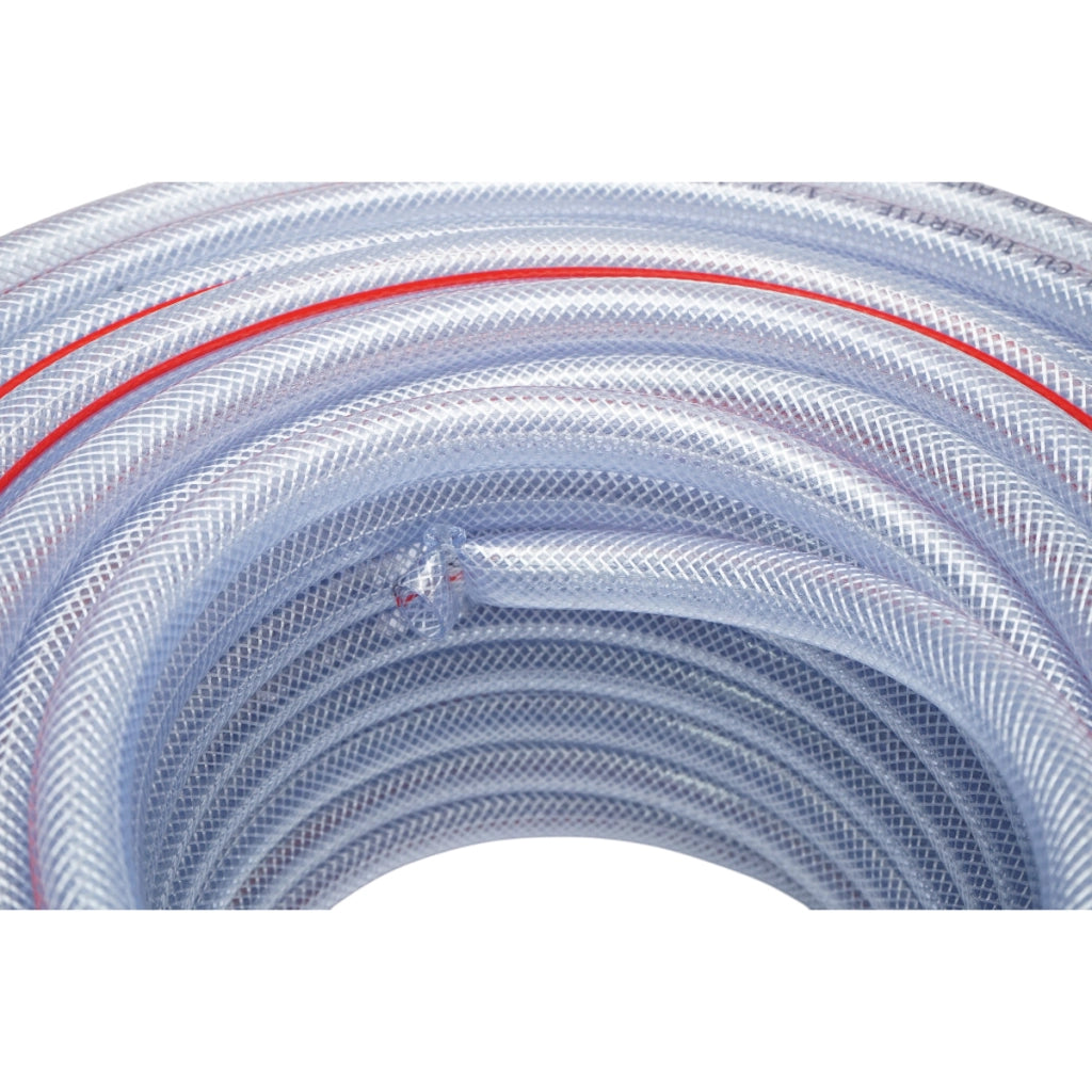 Tubo da giardino in PVC trasparente da 1/2 pollice (12 mm), PN9 bar, 12x18 mm con inserto tessile intrecciato 50 m/rotolo USO INTENSIVO