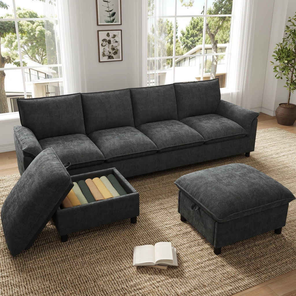 Divano modulare a U in tessuto Chenille nero con 2 pouf mobili, schienale alto e vano contenitore