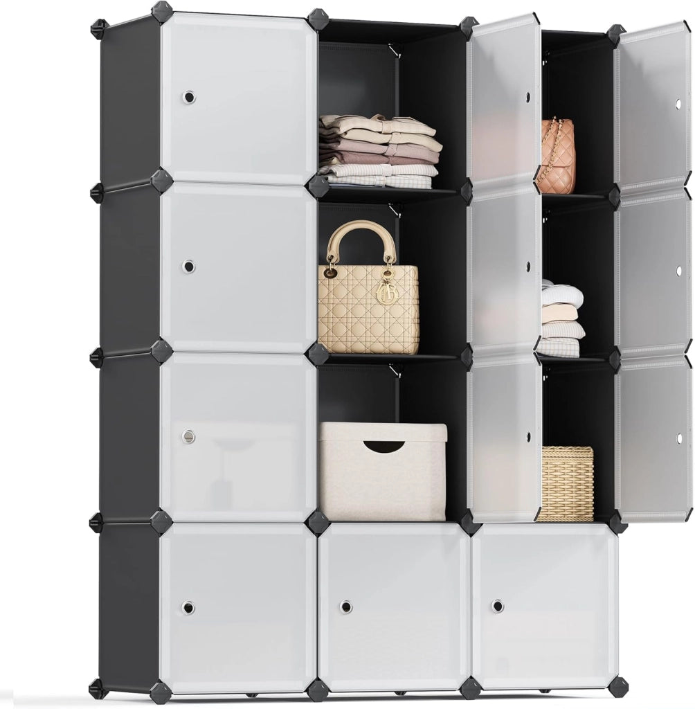 SONGMICS Armadio a 16 Cubi, Portaoggetti Organizzatore, Armadietto Mobiletto con Ante, per Abiti Scarpe Libri, Facile da Assemblare, Bianco LPC44BS