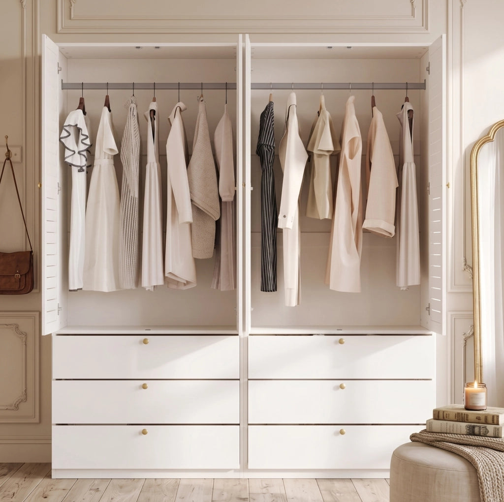 Armadio 4 ante con 6 cassetti e 2 aste appendiabiti; bianco; 180x50x200 cm
