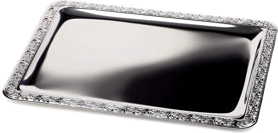 Dienblad in acciaio inossidabile con bordo decorativo, 60 x 40 cm, rettangolare, argento