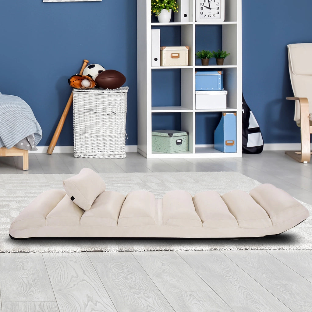 Poltrona pieghevole da terra rivestito in finto camoscio, Divano imbottito regolabile in 5 posizioni Beige-Divani da terra