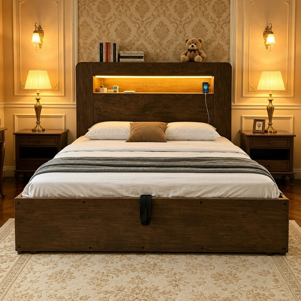 Letto Contenitore 140x200 cm; Matrimoniale - LED e Prese - in Legno - Vintage