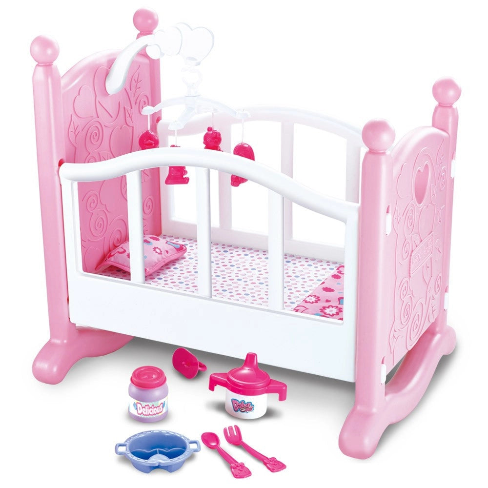 Trade Shop - Culla Per Bambole Lettino Culletta Bambolotto Con Giostrina E Accessori Pappa -