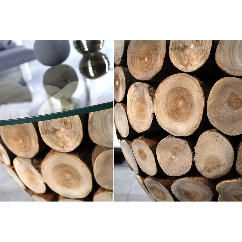 Tavolino basso ARBOREA rotondo 70 cm in legno massiccio e vetro temperato - piede centrale design in tronchetti