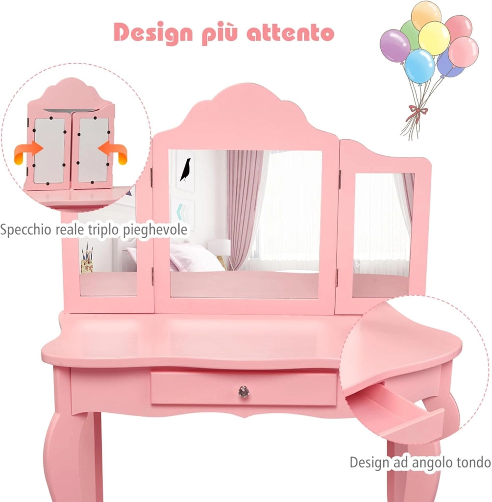 2-in-1 Toeletta Trucco Bambina, Tavolo da Trucco per Bambini con 3 Specchio e Sgabello, Postazione Trucco con 1 Cassetto, 3-7 Anni (Rosa)