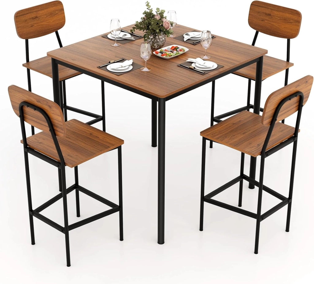 Set Tavoli da Pranzo a 5 Pezzi, Tavolo Alto e 4 Sgabelli da Bar con Poggiapiedi e Schienale, Finiture con Venature di Legno, Gambe di Metallo, Set Mobili Salvaspazio per Bar (Industriale)