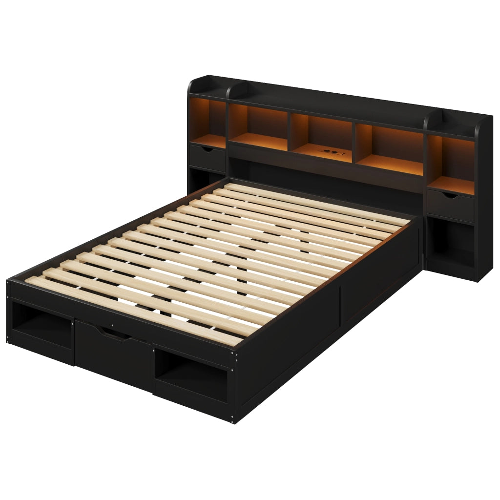 Letto 140x200 cm con vani e cassetti in MDF e compensato nero