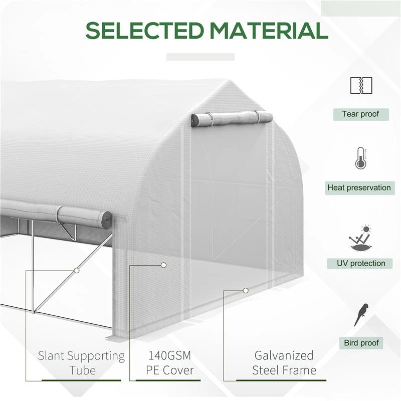 SERRA DA GIARDINO 4X3M A TUNNEL CON COPERTURA IN PE, PORTA E 8 FINESTRE AVVOLGIBILI, BIANCO