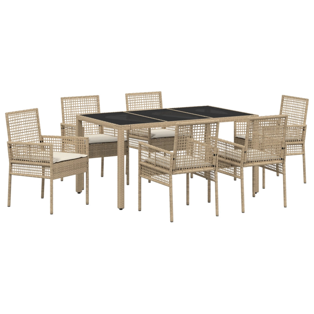 Set da Pranzo da Giardino 7 Pezzi con Cuscini Beige in Polyrattan