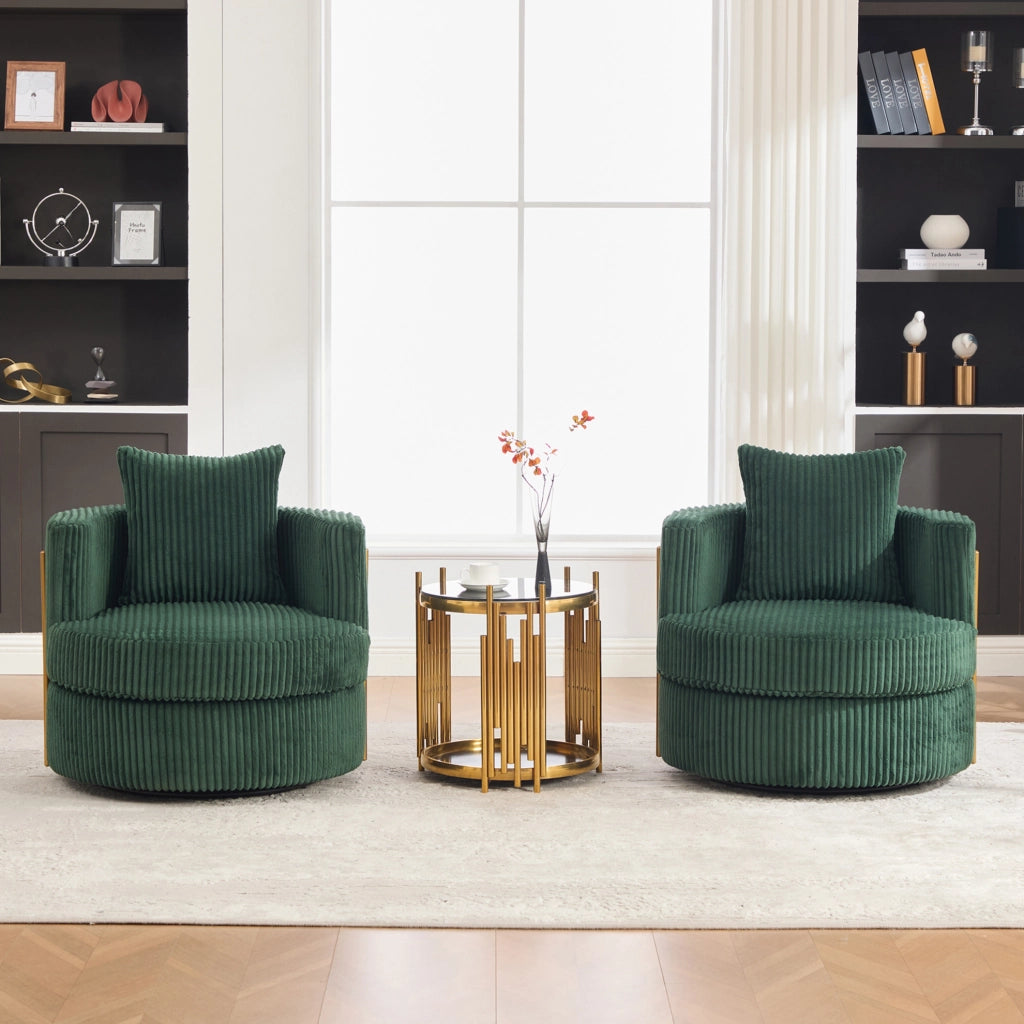Poltrona girevole 360° in corduroy verde smeraldo con vano contenitore; 76x79x78 cm