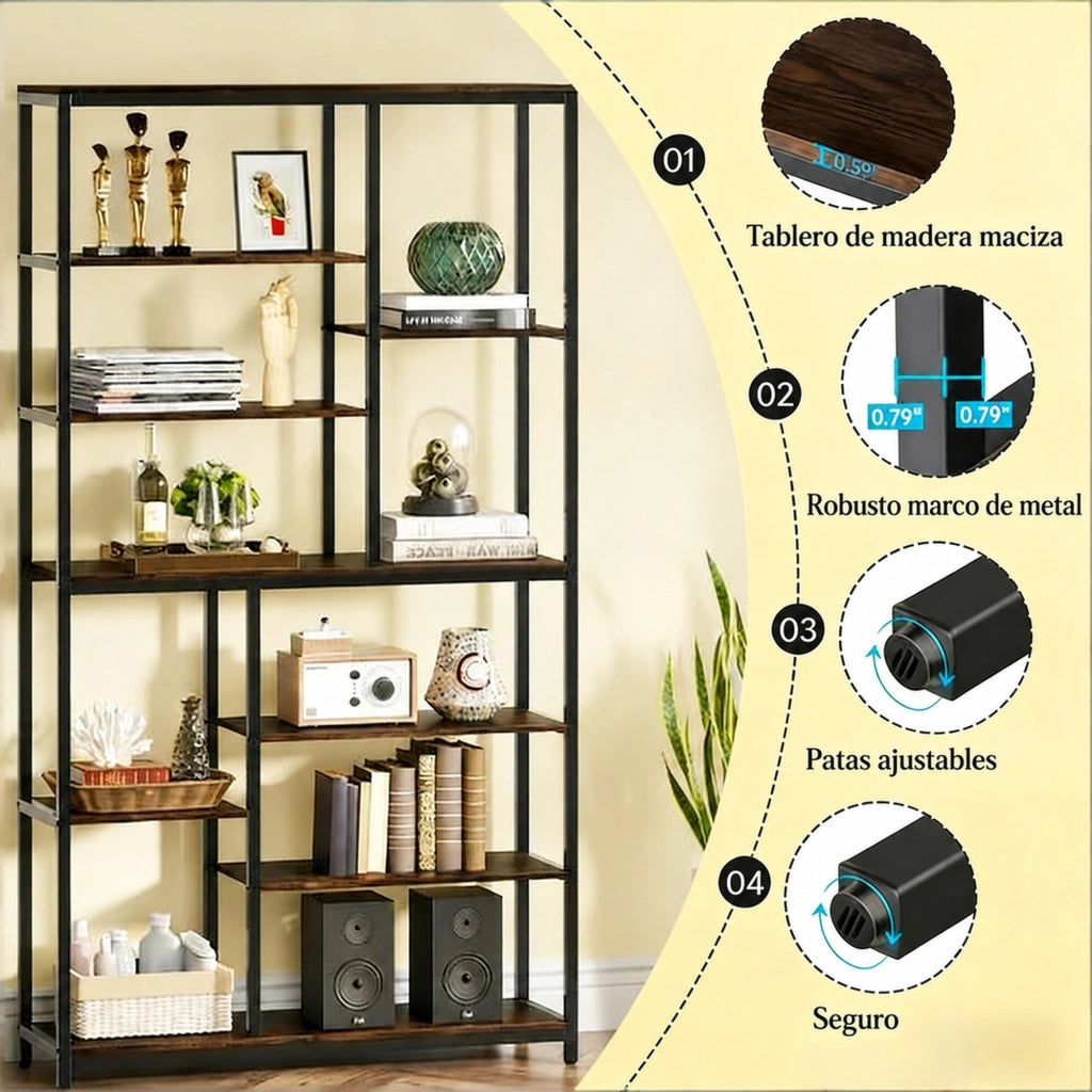 Libreria alta 100x30x200 cm in metallo e pannello rustico， nera， stile industriale