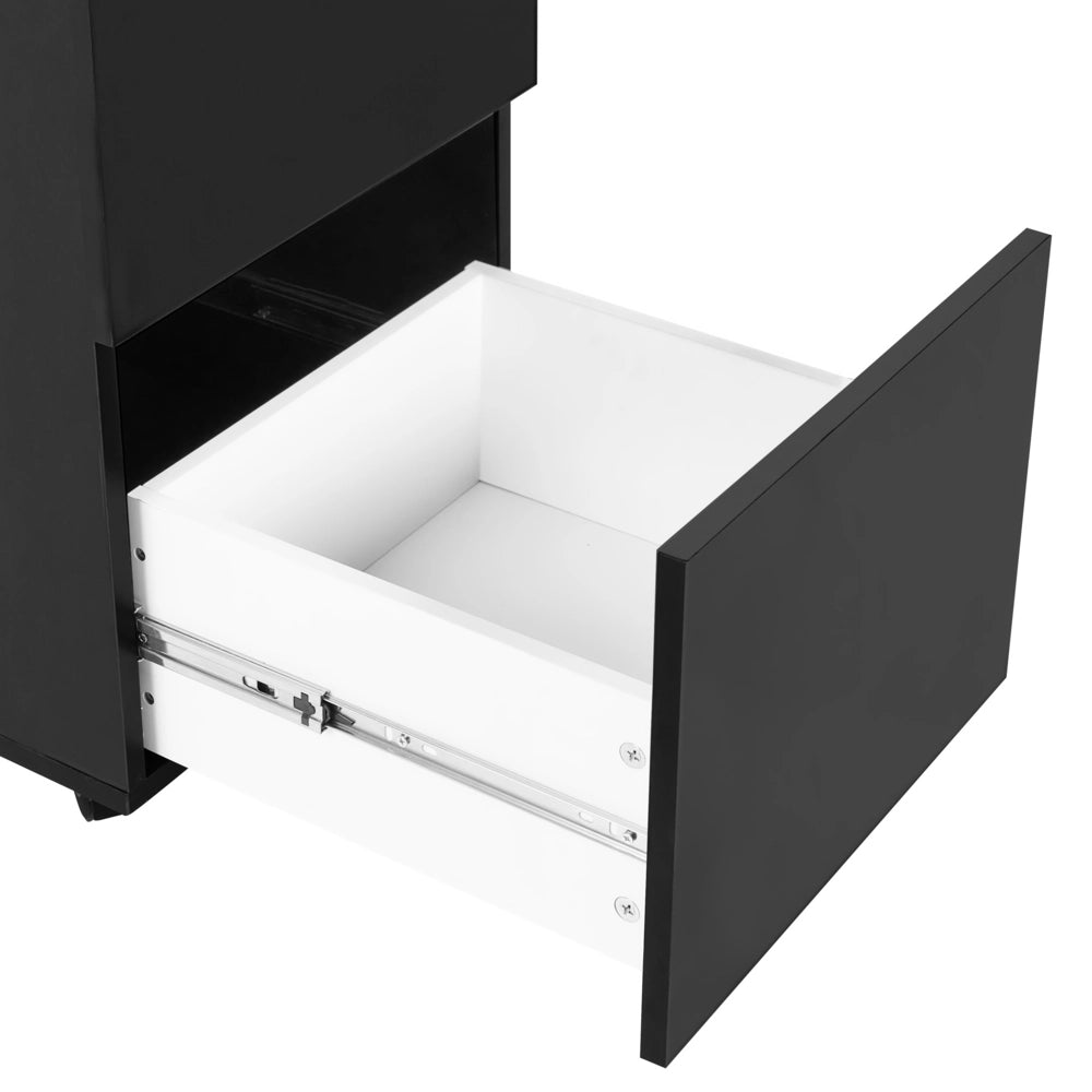 Armadietto in legno massiccio con 2 cassetti e ruote con serratura a chiave nero design moderno