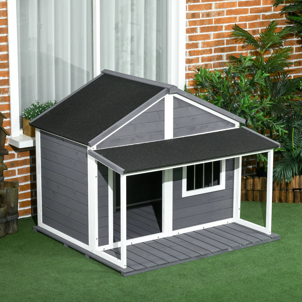 EasyComfort Cuccia per Cani da Esterno con Terrazza, Finestra e Tetto Impermeabile, 124x112x105cm, Grigio