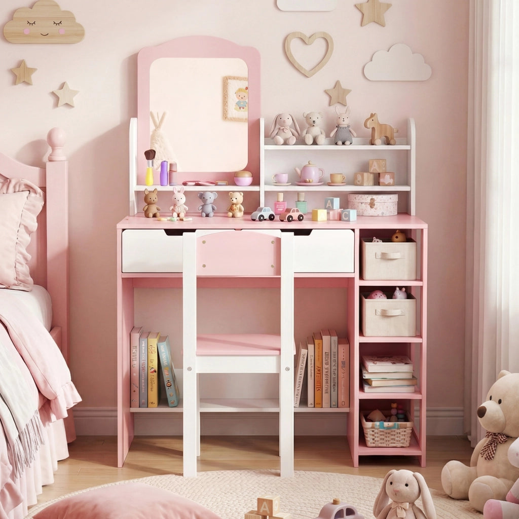 Toletta trucco per bambini 3-7 anni con tavolino e sgabello, Toletta trucco con scaffale libreria e ripiano per studio e gioco