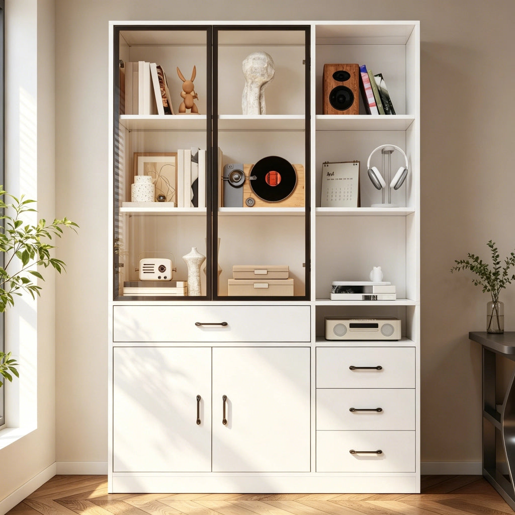 Libreria alta con vetrina in vetro e LED, 4 cassetti e 13 vani, per soggiorno e ufficio, bianco, 120 × 35 × 200 cm
