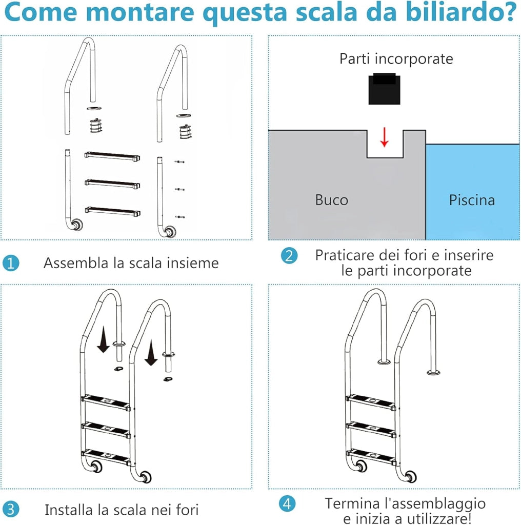 Scaletta per Piscina in Acciaio Inox, Scaletta Piscina con 3 gradini Antiscivolo, con Corrimano Comodo, Capacità di Carico: 150 kg