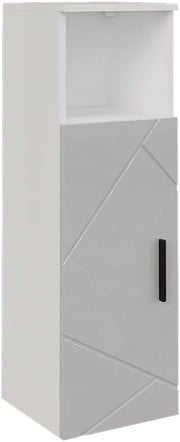 Mobiletto midi Irma, Bianco/bianco lucido, 30 x 93 cm con porta, per la conservazione di articoli da bagno e asciugamani