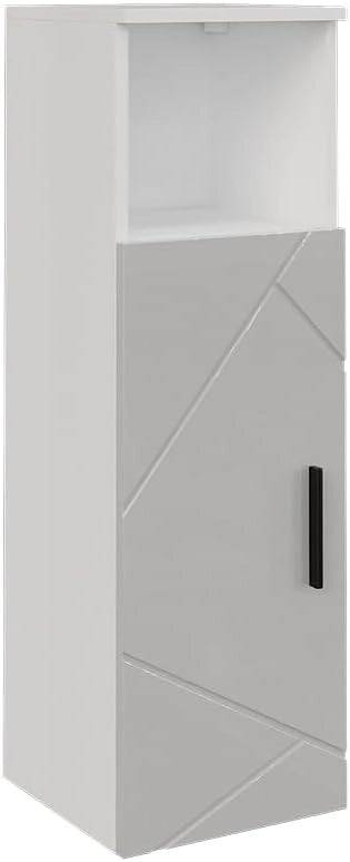 Mobiletto midi Irma, Bianco/bianco lucido, 30 x 93 cm con porta, per la conservazione di articoli da bagno e asciugamani