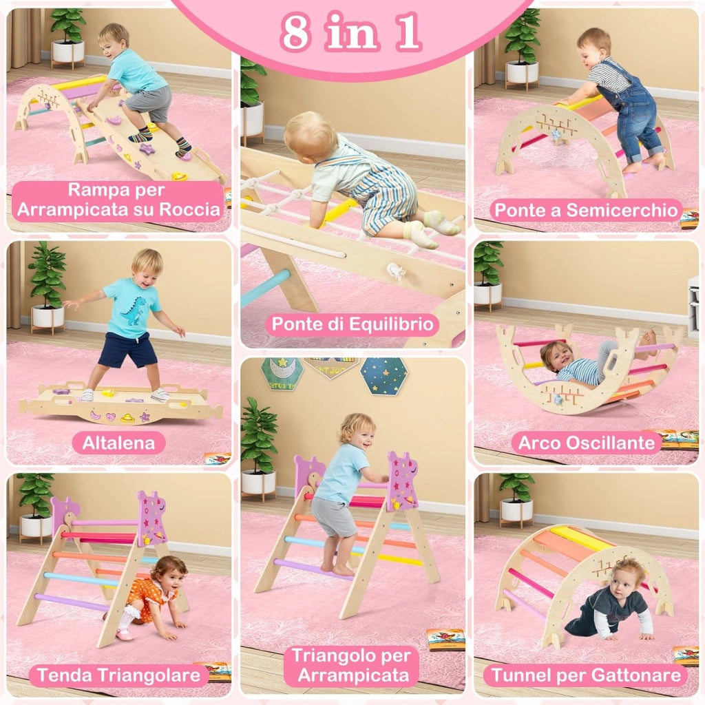8 in 1 Set da Arrampicata per Bambini, Giocattoli da Arrampicata Pieghevoli con Triangolo Arco e Rampa, Giochi Montessori per Bambini 1 Anni + (Unicorno 4 pezzi, Macaron)