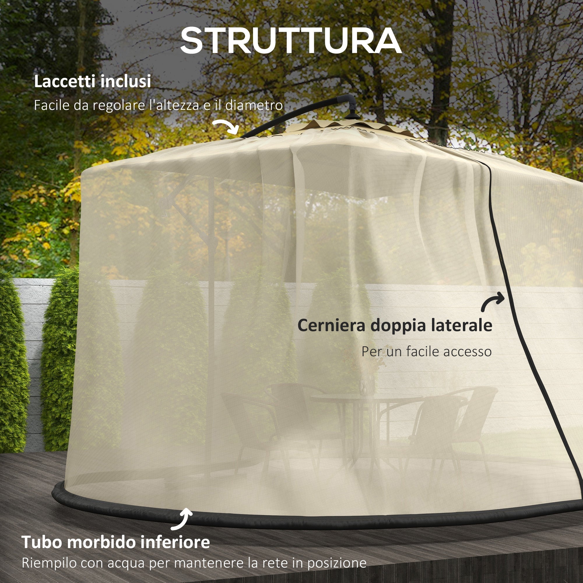 Zanzariera per Ombrellone 3x2,3 m Regolabile a Rete Fitta con Apertura a Cerniera Beige