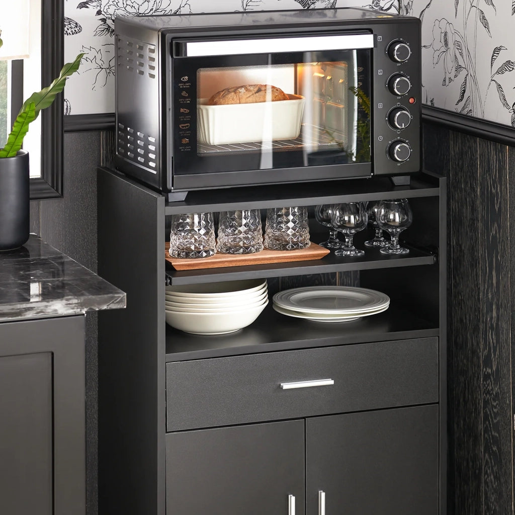 Scaffale per Forno a microonde, Carrello da cucina,credenza con route, Nero FSB09-SCH