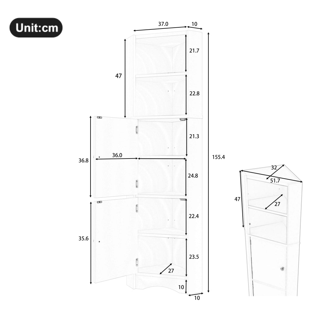 Mobile bagno angolare triangolare in MDF con finitura laccata, 2 ante, 2 ripiani aperti e divisori regolabili, bianco