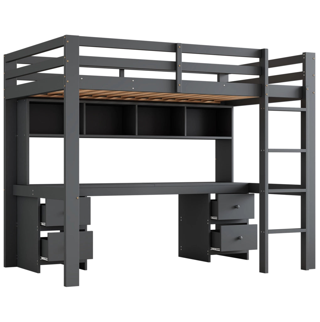 Letto a soppalco ULEVR 90x200 cm con scrivania, 4 cassetti e 4 vani, grigio