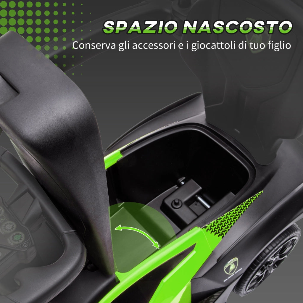 Lamborghini Macchinina per Bambini 2 in 1 con Maniglione e Barriera di Sicurezza, Volante e Clacson, Auto per Bambini in PP e Metallo, 86.5x40x89.5 cm, Verde e Nero