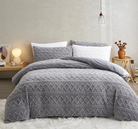 Coperta da letto morbida 135 x 200 cm Grigio Felpa Fleece Disegno geometrico Tocco di cashmere Coperta da letto calda e 1 coperta da cuscino 80 x 80 cm con cerniera