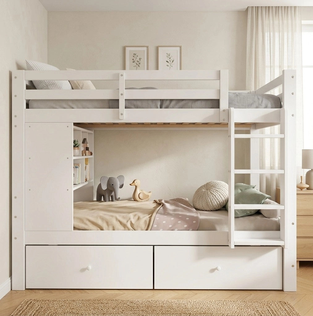 Letto a castello 90x200 cm bianco con cassetti e libreria