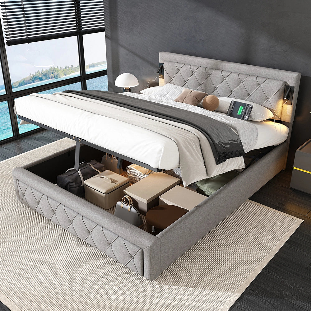 Letto imbottito 160x200 - Xylo - Grigio lino con downlight USB e spazio di archiviazione
