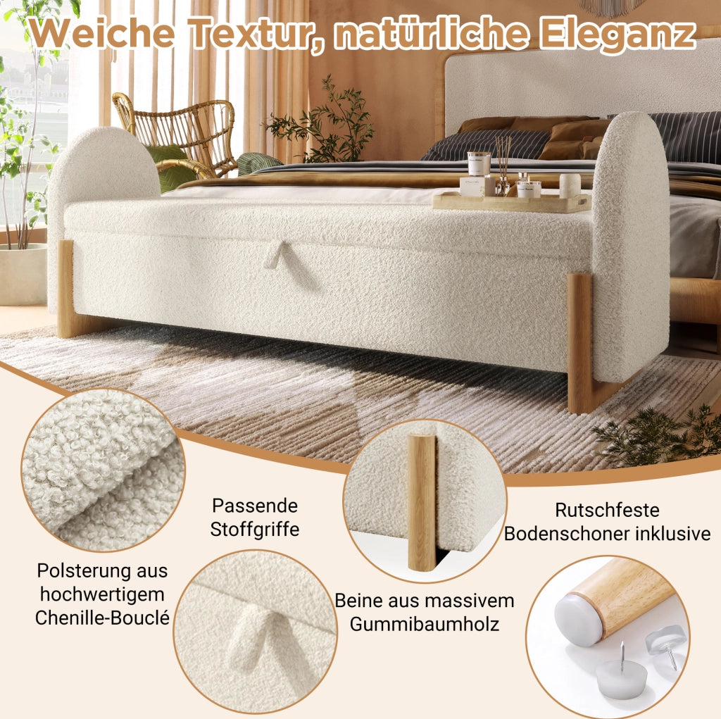 Panca contenitore imbottita con apertura idraulica 106x47x61 cm; bouclé bianco