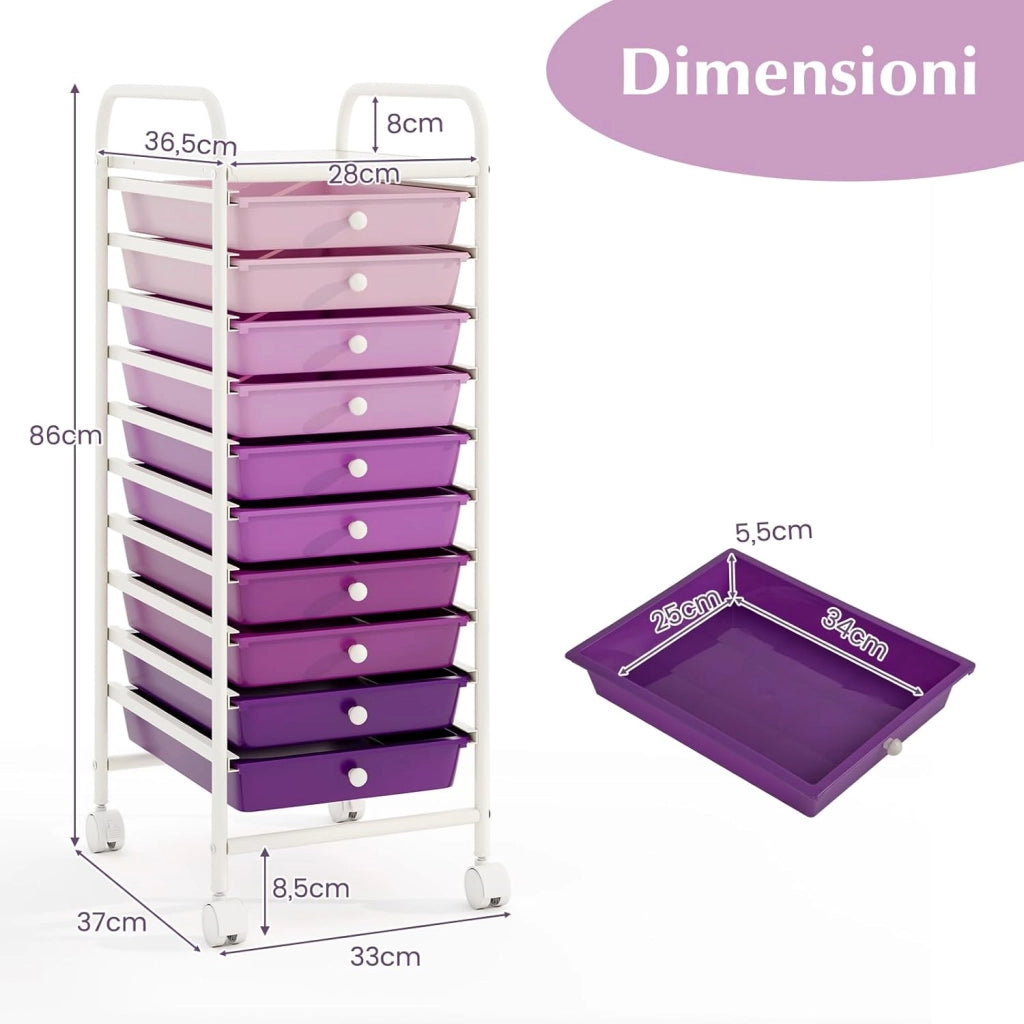 Carrello con 10 Cassetti da Stoccaggio, Cassettiera di Metallo e Plastica, Contenitore Multiuso con Ruote a Freno, per Casa e Ufficio (Viola)