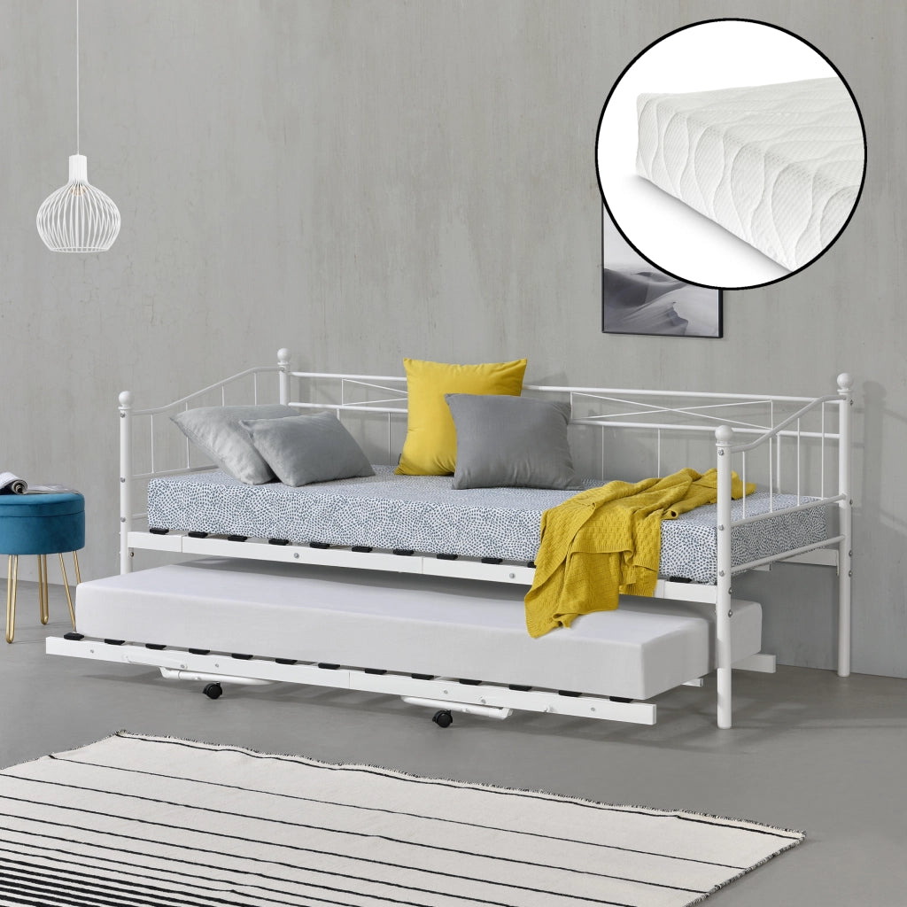 Divano in Metallo con Cornice Decorativa + Letto di Complemento con Gambe Pieghevoli e 4 Ruote, Sofa a 2-3 Posti di Seduta e Secondo Letto Salvaspazio + 2 Materassi 200x90 cm - Bianco