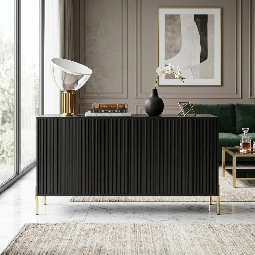 Credenza Moderna Madia Con 3 Ante Battenti Ripiani Interni Grande Spazio Contenitivo Struttura In Melaminico Per Soggiorno Sala Da Pranzo Corridoio Zona Living 154 X 38 X 80 Cm Nero
