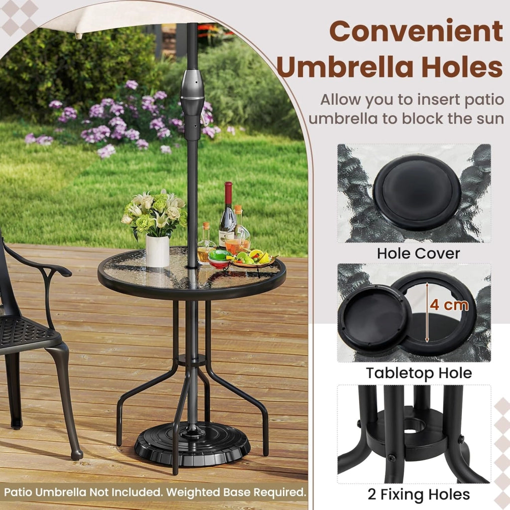 Tavolo rotondo da giardino con piano in vetro, 70 x 70 x 71 cm, tavolo da bistrot con foro per ombrellone da 4 cm, gambe in metallo resistente, tavolino per balcone, patio