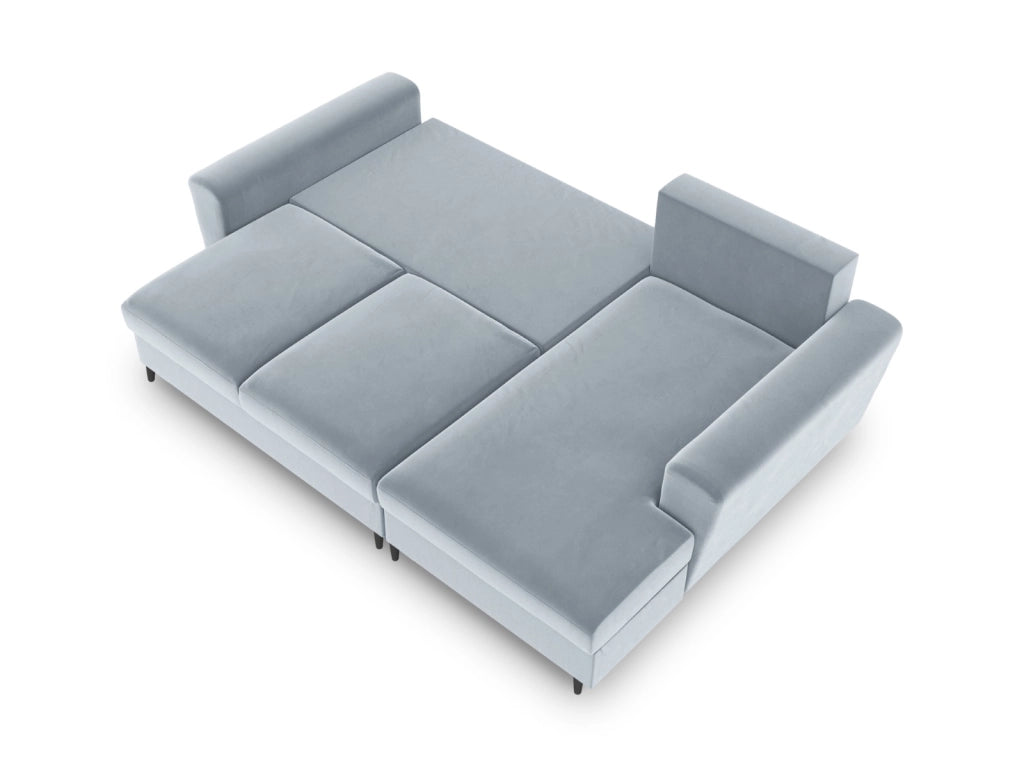 Cosmopolitan Design - Divano convertibile angolare destro con contenitore "Kyoto" 4 posti in velluto azzurro 