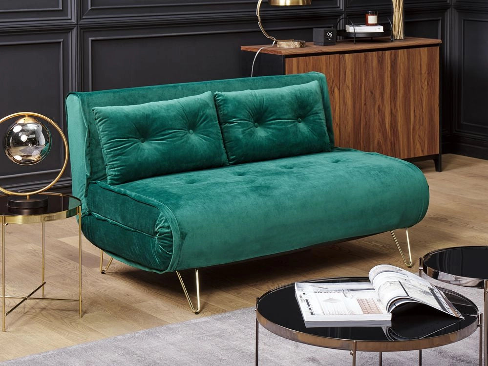 Divano Letto Velluto Verde Scuro 2 Posti Letto Sfoderabile senza braccioli Con 2 Cuscini Gambe In Metallo dorato Glamour