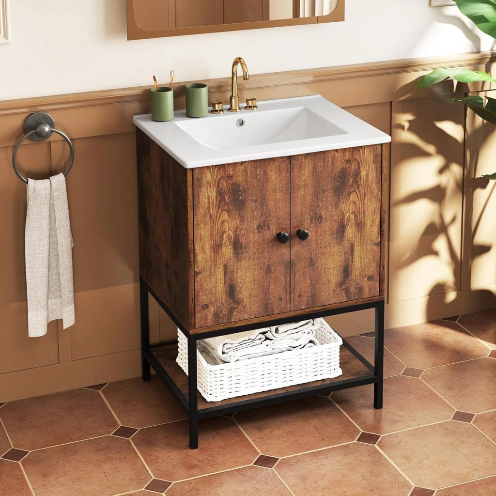 Mobile da Bagno in Legno, Mobiletto con 2 Ante e Mensola Aperta, Mobile da Bagno a Terra Stile Vintage con Lavandino in Ceramica, 61 x 46,5 x 87 cm, Marrone Rustico