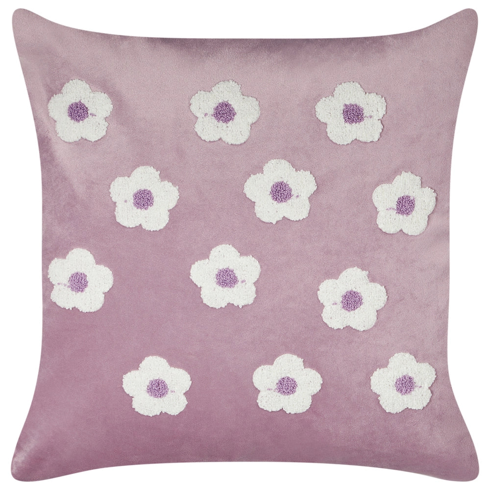 Set di 2 cuscini in velluto lilla ricamati con motivo a fiorellini 45 x 45 cm morbida imbottitura