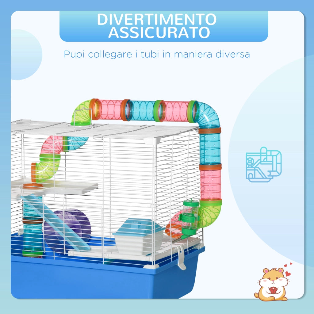 Gabbia per Criceti a 3 Livelli con Tunnel, Casetta e Ruota per Criceti, 59x36x47cm, Blu e Bianco
