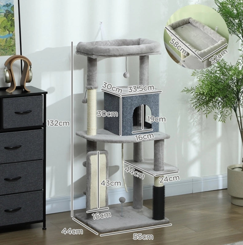 Tiragraffi per gatti con cuccia e lettino, 132 cm, grigio chiaro