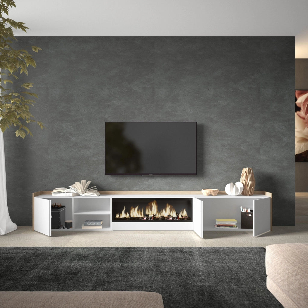 Mobile TV Soggiorno, 315x50x35 cm, Per TV fino a 80", Camino elettrico XXL, Bianco e Rovere soft