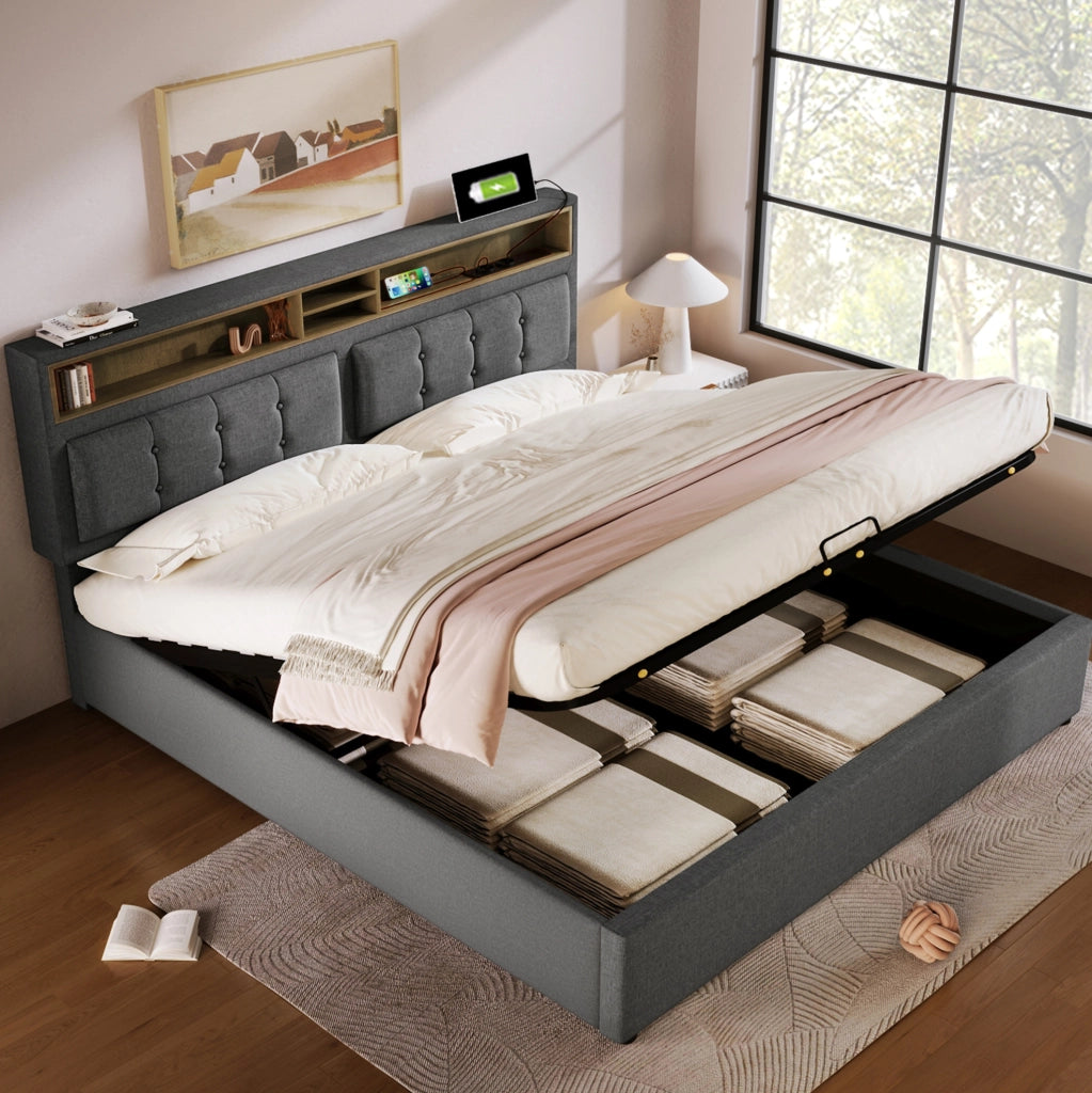 Letto imbottito 160x200 cm con contenitore, prese USB e USB-C in lino grigio