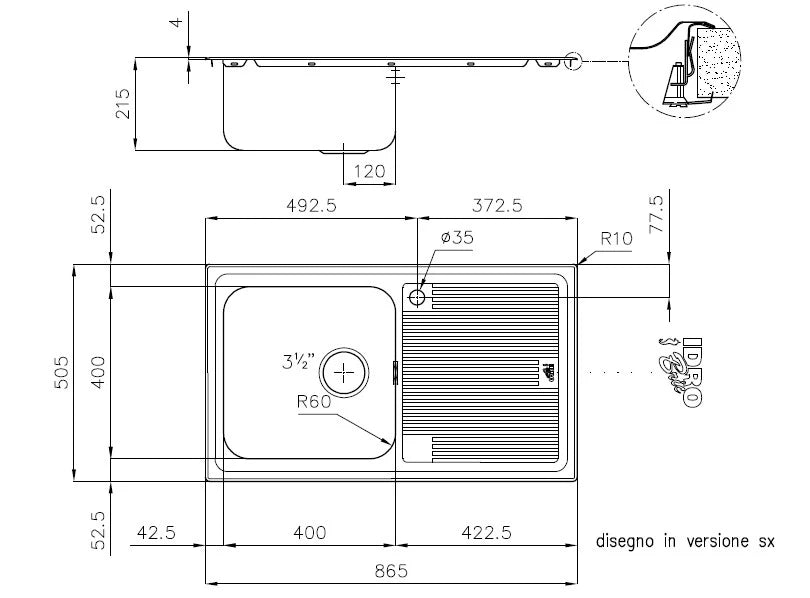 Lavello acciaio inox 1 vasca sx
