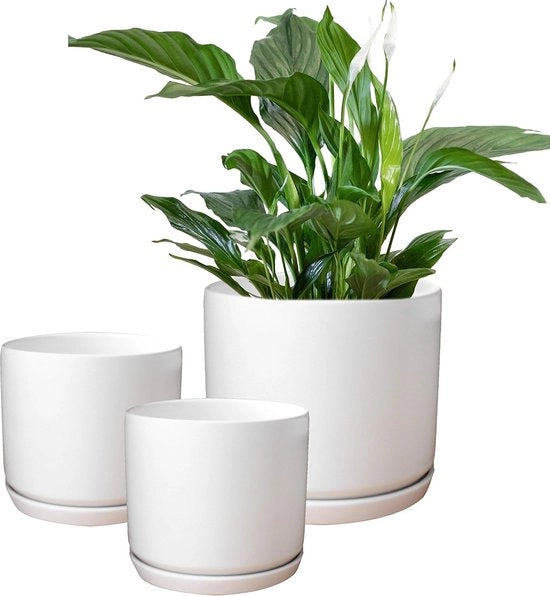 Set di vasi ceramici per piante - contenitori per piante da giardino - set da 3 - bianco opaco - ceramica