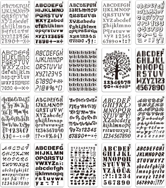 Stencili 20 Pack Reutilizzabili - Schemi Lettere/Numeri - Strumenti di Disegno - Scrapbooking - Doodle Creativi - Per Bambini/Adulti