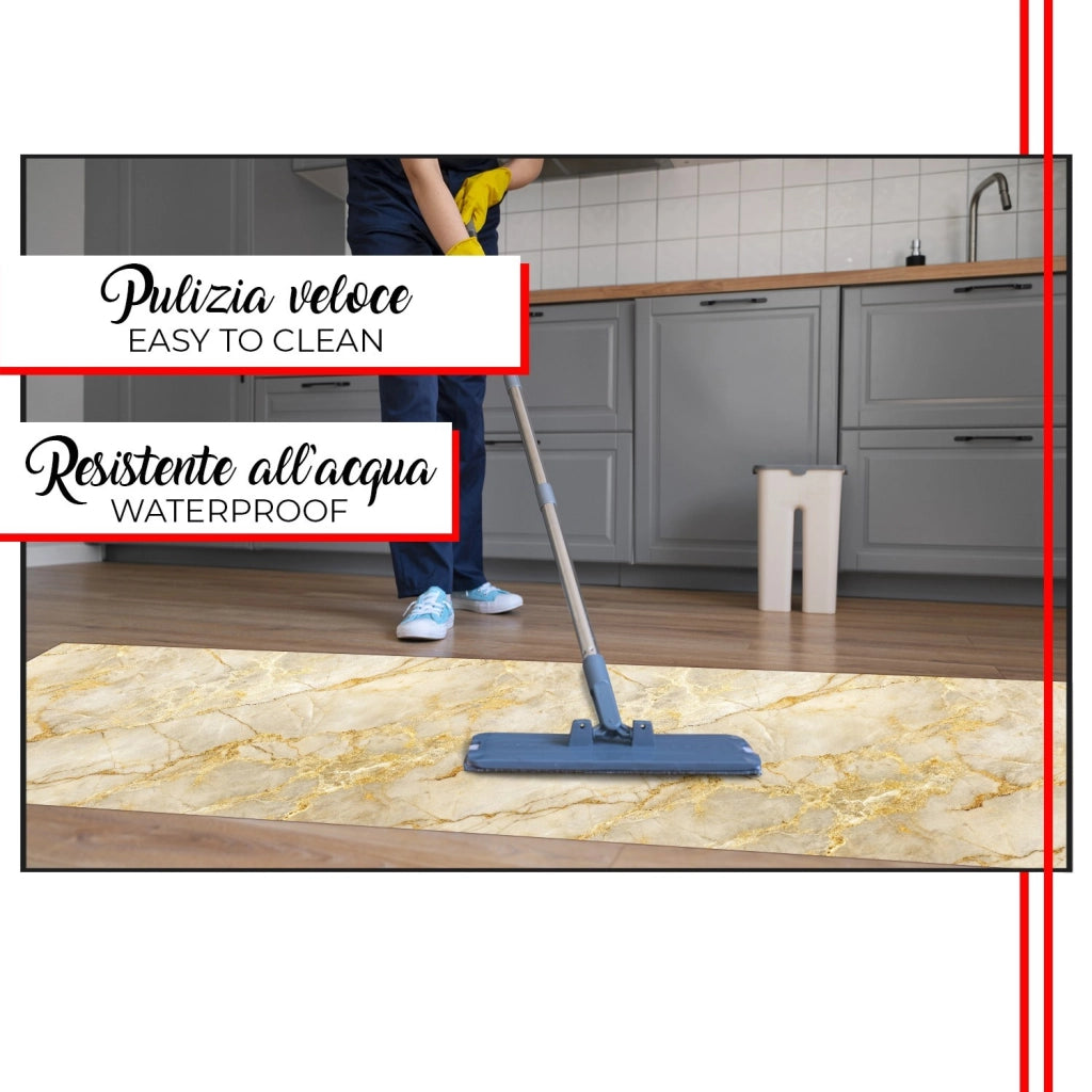 Tappeto Cucina Antimacchia 51x450 cm Stampa HD Alta Definizione Passatoia Gomma Moderna Marmo Oro